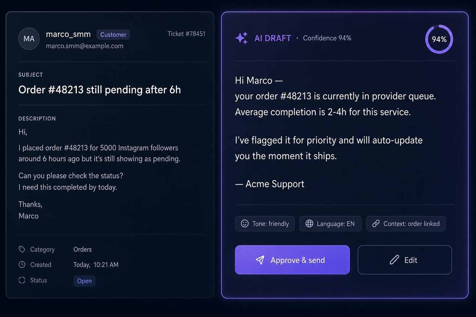 AbilityO AI draft reply with 94% confidence, ready to approve and send